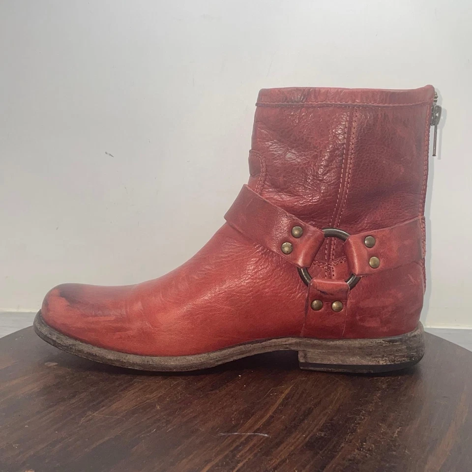 Frye Boots Red Phillip Harness Leather Motorcycle Ankle 76870 Women's Size 6.5 B - Image 2 of 4