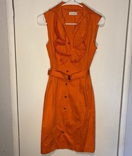NWT Calvin Klein Ruffle Collar Snap Button Belted Sheath Dress Ember Orange Size