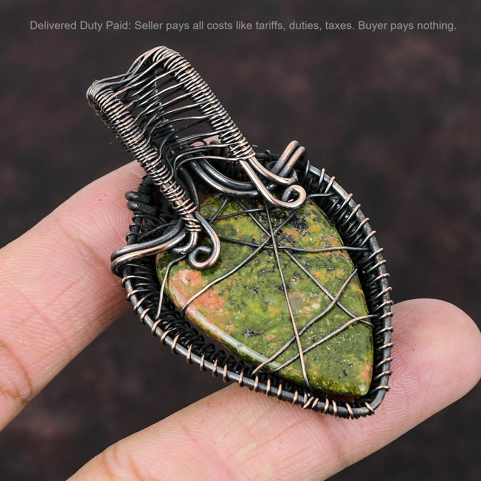 Black Friday Sale Pear Unakite Stone Unique Wire Wrapped Pendant Jewelry Copper - Image 4 of 4
