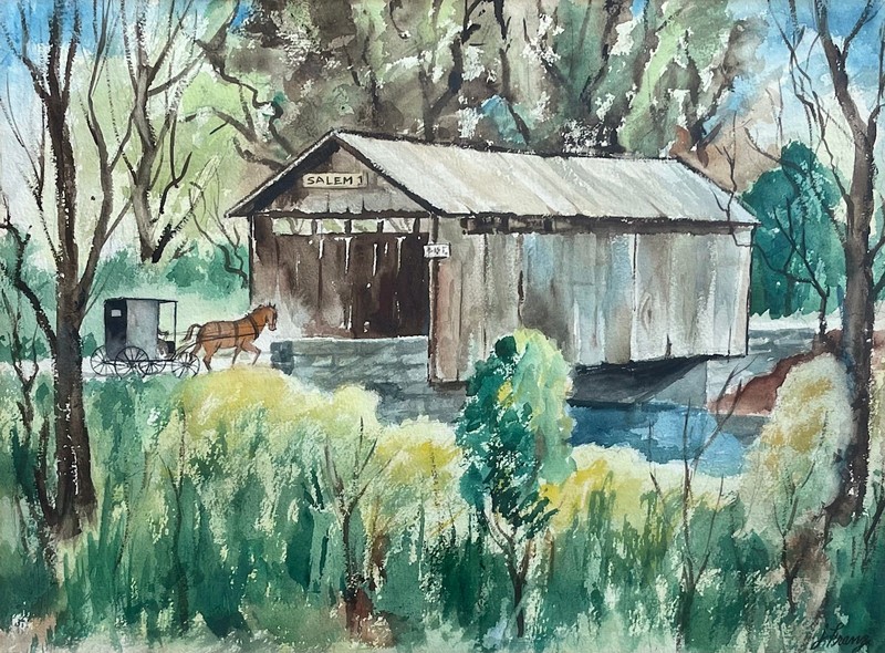 JOSEPH FRANZ (MICHIGAN) VTG SIGNED ORIG WATERCOLOR AMISH BUGGY & COVERED BRIDGE