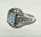 VINTAGE STERLING SILVER SIZE 8 ORNATE FILIGREE AQUAMARINE GEMSTONE RING 925