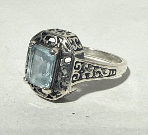 VINTAGE STERLING SILVER SIZE 8 ORNATE FILIGREE AQUAMARINE GEMSTONE RING 925