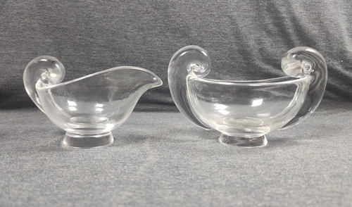 VTG Signed Steuben Crystal Creamer & Sugar Pitcher Bowl Snail Scroll Set READ
