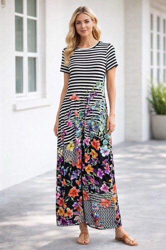 Trulli rouched whimsical floral patchwork maxi dress stretch artsy fairy large