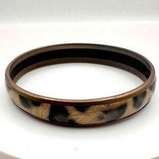 Vintage 90s Leopard Animal Print Brass Bangle Bracelet Cowhide Retro Jewelry Y2K
