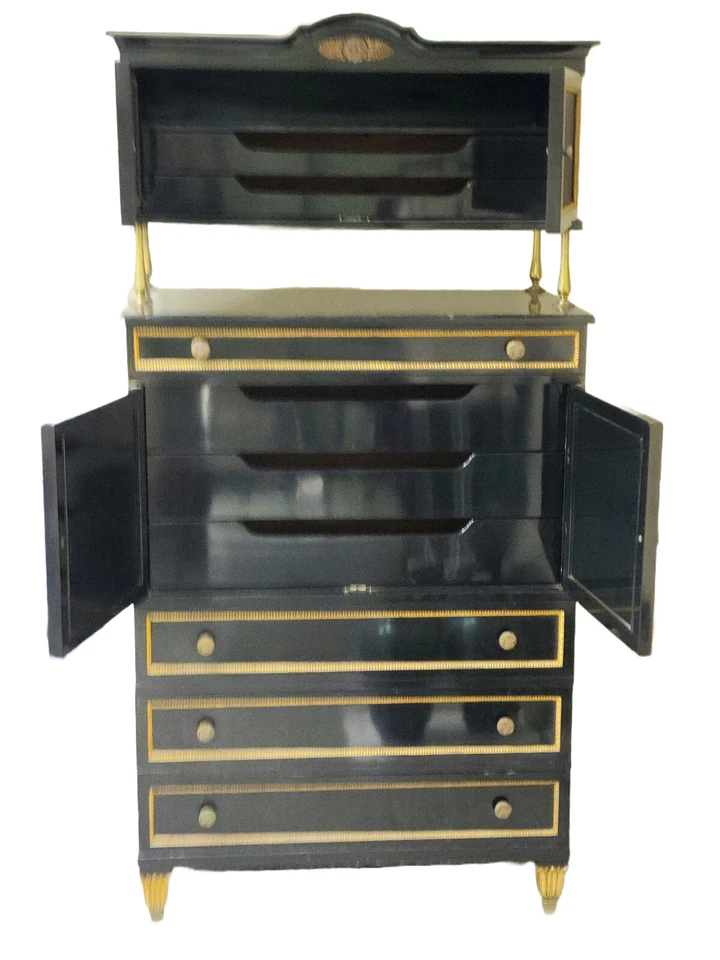 RARE CHIC 40's GROSFELD HOUSE  BLACK LACQUERED CABINET w/ CANE WORK & BRASS  - Image 3 of 4