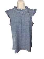 Adrianna Papell Women's S Sleeveless Gingham Ruffle Blue And White Checkered