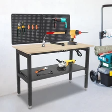 2 Tiers Work Table with Power Outlets & Pegboard, Adjustable Height Workbench 