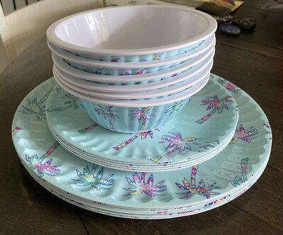 Cynthia Rowley Melamine 13 Ct Dinner Set Palm Trees Used