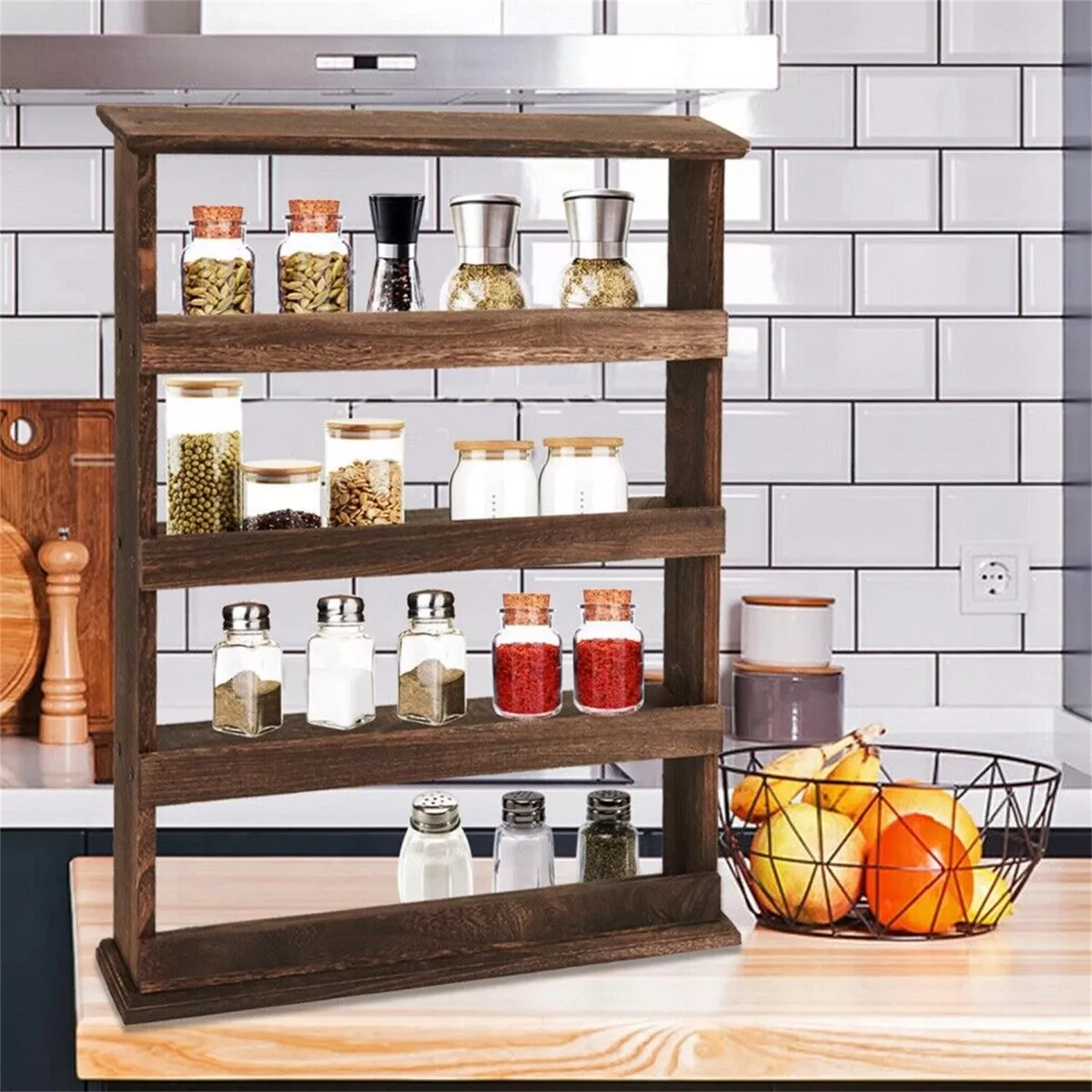 Wall Hanging Wood Spice Holder 4 Tier Vertical Kitchen Rack Spice Storage  Shelf