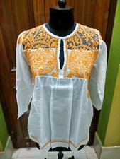 EXCELLENT RARE TOP 100 COTTON TOP L 42" HANDMADE KURTI CHIKAN EMBROIDERY KURTA