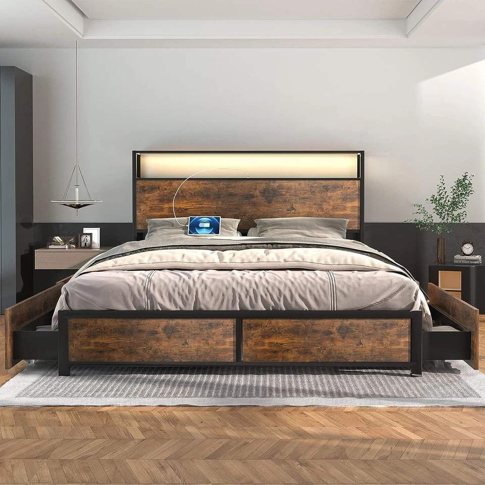 Queen and Full Size Bed Metal Platform with Storage Drawers Headboard USB Ports - Image 2 of 4
