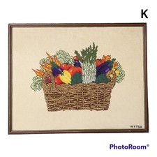 Vintage Complete Needlepoint Framed Picture Basket of Vegetables 27 X 22.5