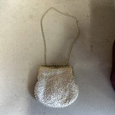 Vintage La Regale Hong Kong Ivory White Beaded Sequin Formal Wedding Evening Bag