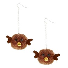 NWT Claire's girls Deer Fuzzy Pom Pom Drop Earrings with Gold Bell Nose