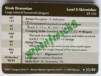  SIVAK DRACONIAN  35 RARE  DDM2 MM LEGENDARY EVILS 2009  D&D GAME STATS CARD