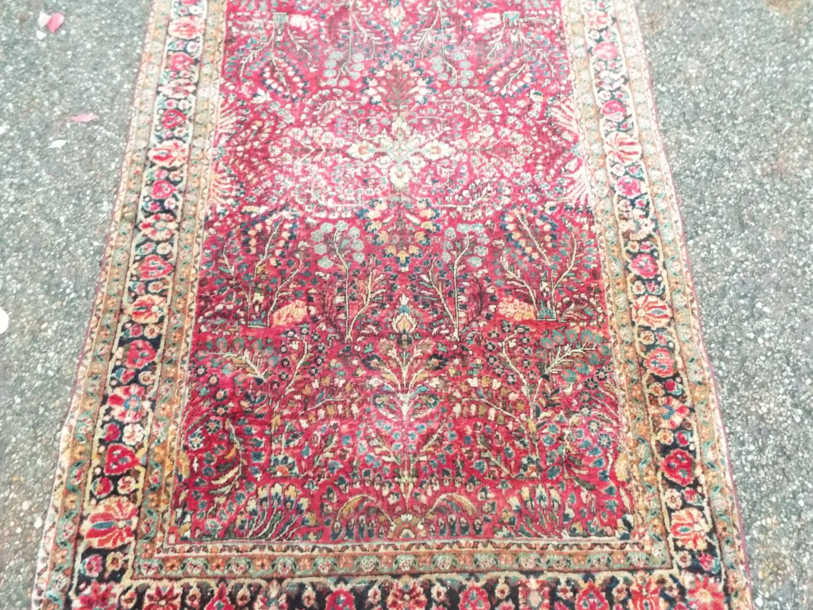 Estate Antique Wool Area Rug Handknotted Red Ariel Rug Very Old 6.7 Ft
