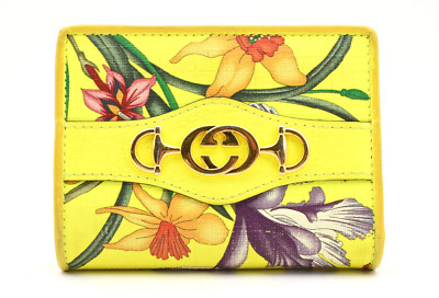 GUCCI [Rank AB] Zumi Flora Bifold Wallet Yellow Leather Auth