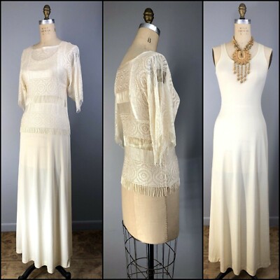 Vtg Dress 70s Deco Crochet Flapper Boho Fringe Top Minimalist Tank Maxi  Wedding | eBay