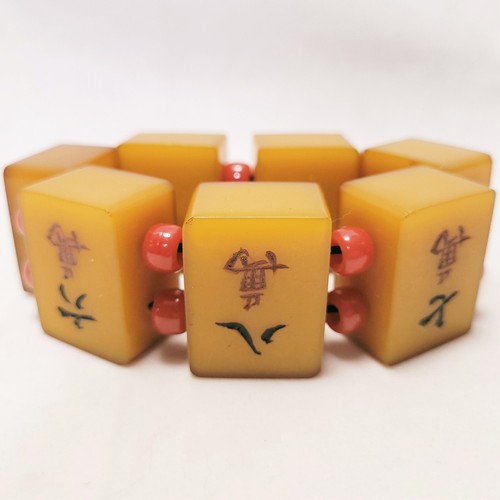 RARE *APPLE JUICE* BAKELITE MAH JONG BRACELET DEEP AMBER TILES RED BEADS VINTAGE - Picture 3 of 6