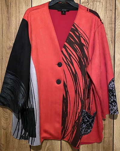 NWT ALI MILES 2X Red 3/4 Sleeve Button Front Faux Suede Abstract Print Jacket