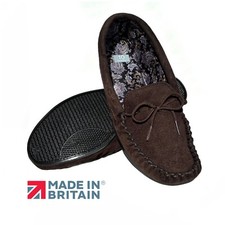 Mens Moccasin Slippers Dark Brown Hard Sole Real Suede Paisley Lining UK Coopers