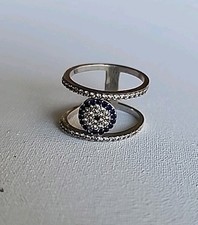 Sterling Silver .925 TR Double Band Ring Blue Clear CZ Circle Design Size 6