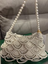 White Beaded Evening Bag Bridal Handbag with Pearl Embellished Handle