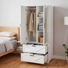 Farmhouse Wooden Closet Organizer Mirror Wardrobe with Drawers and Hanging Rods