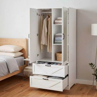 Farmhouse Wooden Closet Organizer Mirror Wardrobe with Drawers and Hanging Rods