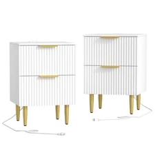 White Nightstand Set of 2, Fluted Night Stand with Charging Station, 13.8" D ...