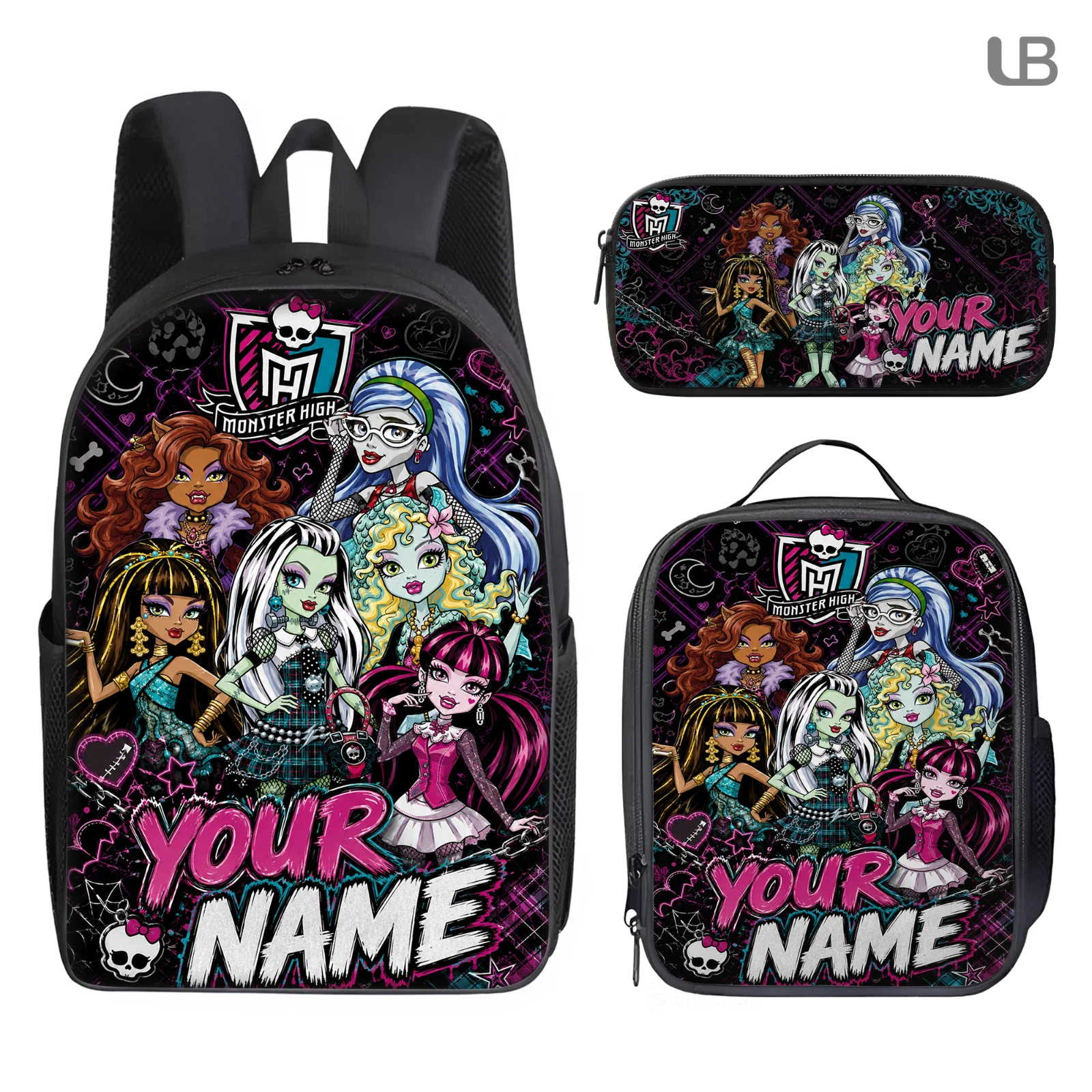 Personalized Monster High Backpack Set, Custom Name School Bag, Lunch Bag & Penc