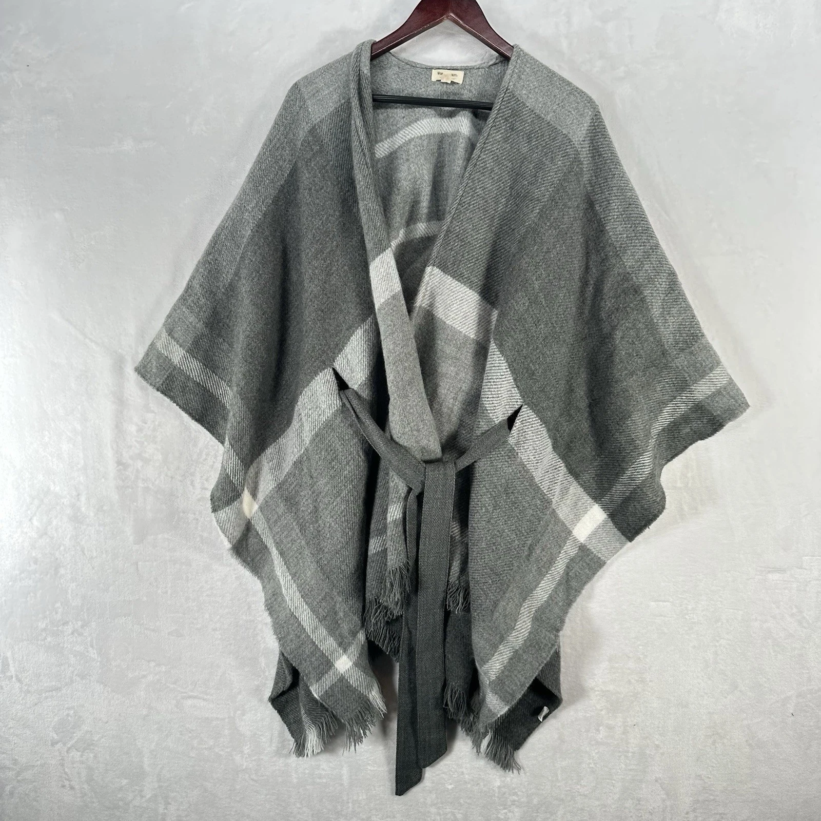 World Market Poncho Womens OS Gray Check Cardigan Minimal Kimono Belted Cozy