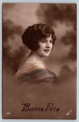 Pretty Painted French Lady Bonne Fete Irisette France 1915 RPPC Postcard