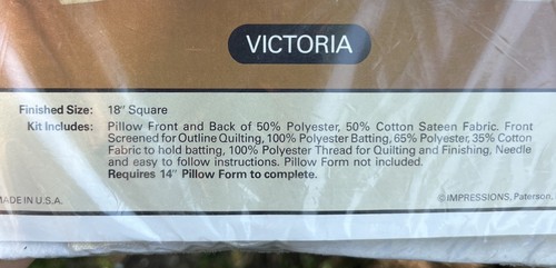 Impressions Quilted Pillow Kit VICTORIA F-8112 18" Square Crafts Sewing SEALED - Picture 3 of 6