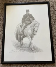 Framed Art Civil War Union Soldier Mounted Horse Pencil Sketch Print Paul Jennis