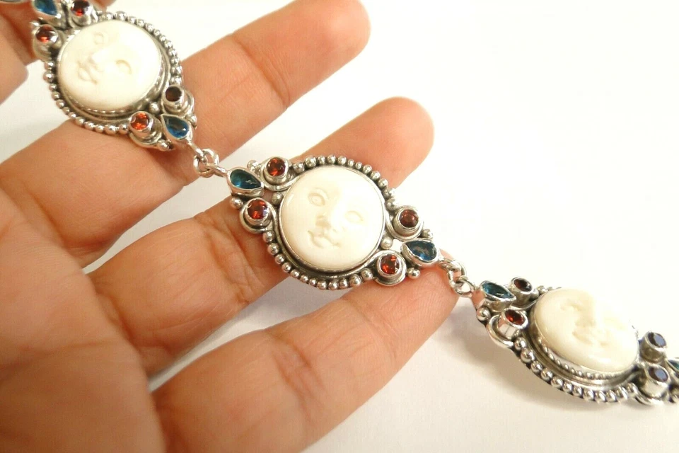 Браслет из стерлингового серебра 925 пробы с резным солнцем лицом и открытыми глазами голубым топазом гранатом - Изображение 2 из 4