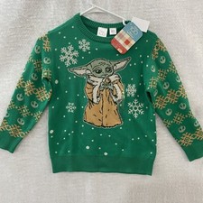 Disney 100 Sweater Boys Yoda Grogu Star Wars Green Winter Kids Size S/M Crew