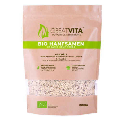 GreatVita Bio Hanfsamen 1000g geschält | 1kg natürliches Protein Eiweiß vegan - Bild 1 von 6