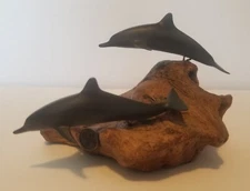 John Perry Matte Black Dolphin Family Drift Wood Sculpture Burlwood