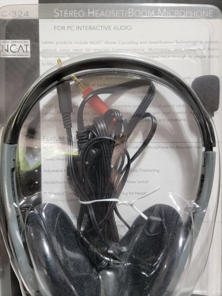 Genuine Labtec (C-324) Grey and Black Wired Headphones Boom Microphone Sealed - Image 2 of 4