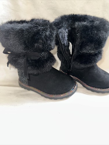 Girls Black Boots Size 6 Zip Up Winter Fashion Shoes Faux Fur Lined Glitter - Picture 2 of 7