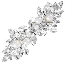 Silver Pearl Barrette Rhinestone Crystal Wedding Hair Clip Sparkly French Bri...