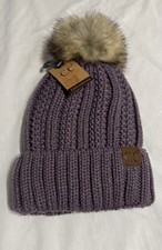 CC Exclusives Hat Beanie Womens Violet Faux Fur Pom Cozy Lined Winter Knit Warm