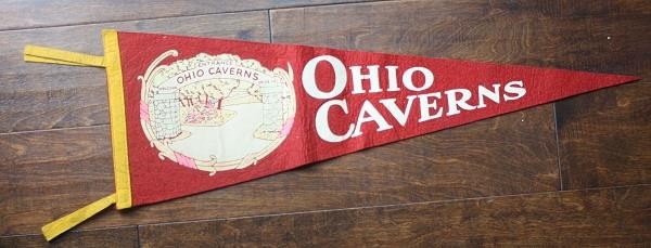 1950-60s Era West Liberty Ohio Caverns pennant Arched Stone Entrance image CAVE-