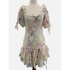 LoveShackFancy Violet Floral Shirred Cotton Voile Mini Dress White Size XS