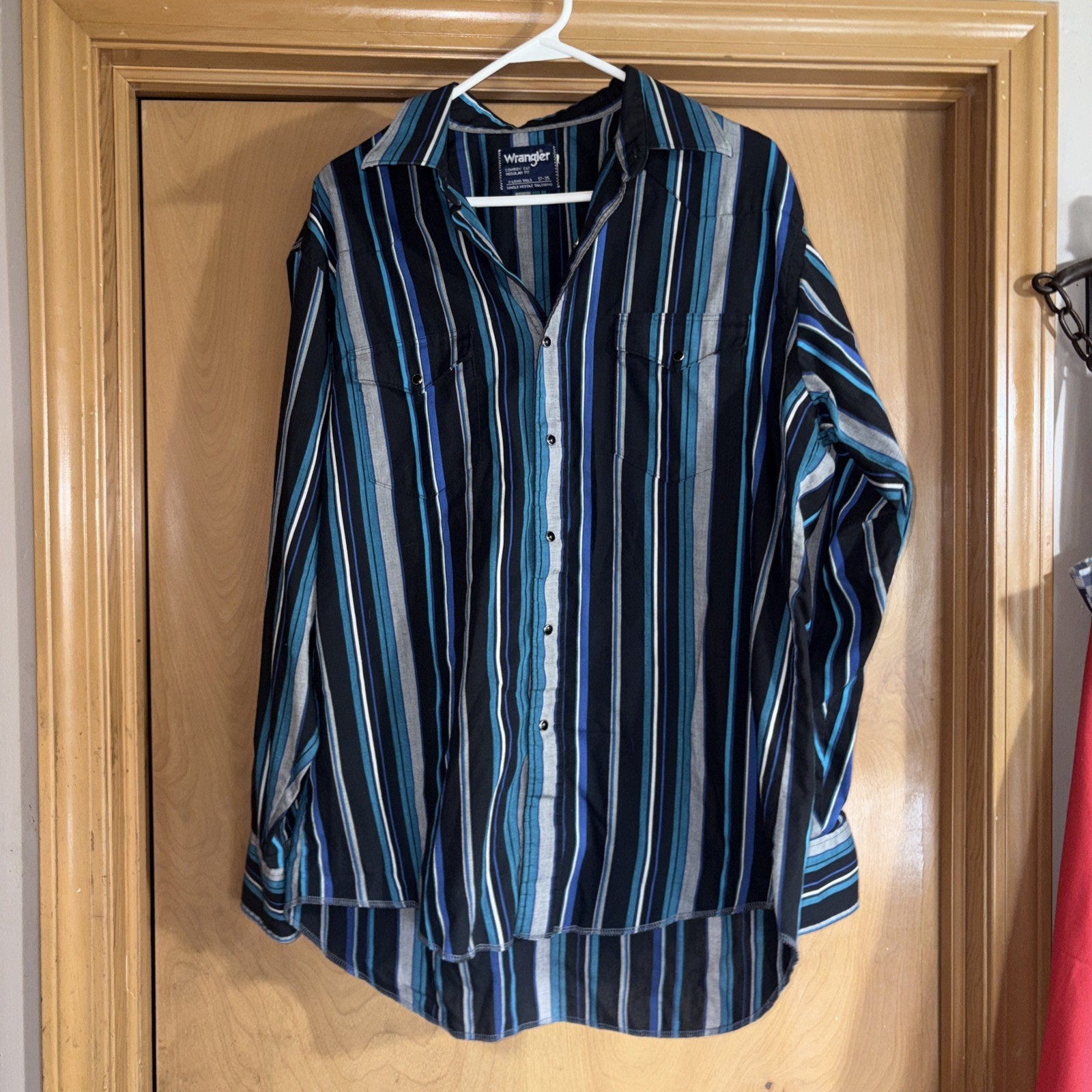 Vintage Wrangler Pearl Snap Shirt Men's Sz 17-35 Blue Striped Cowboy Cut USA