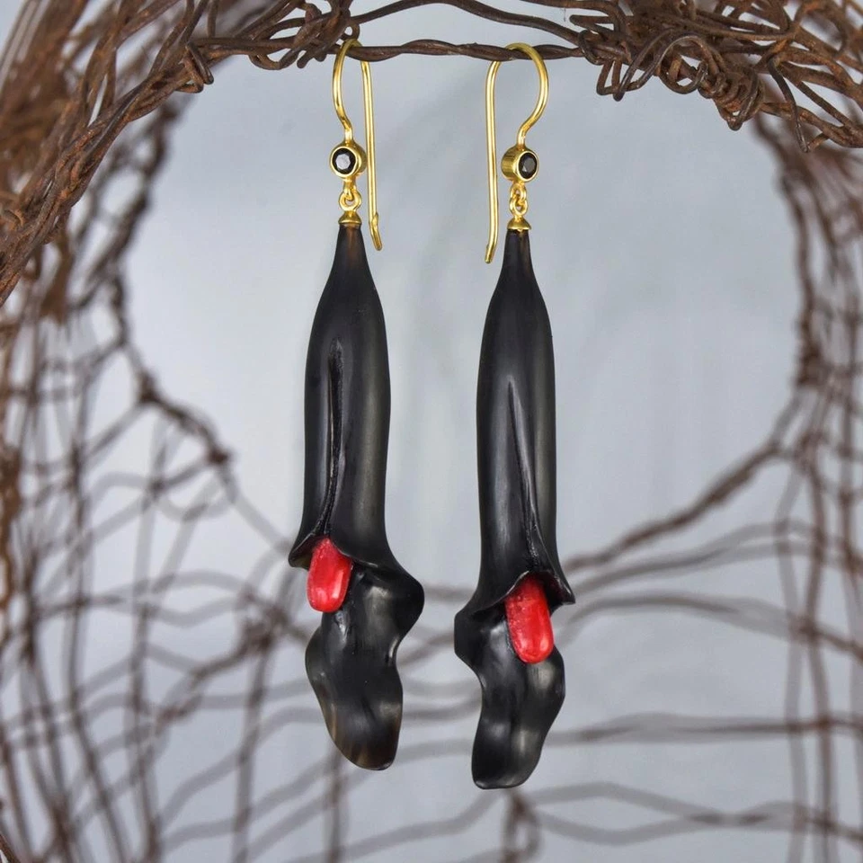 Carved Black Horn Flower Earrings Red Coral Spinel Gold Vermeil Sterling 7.84g - Image 2 of 4
