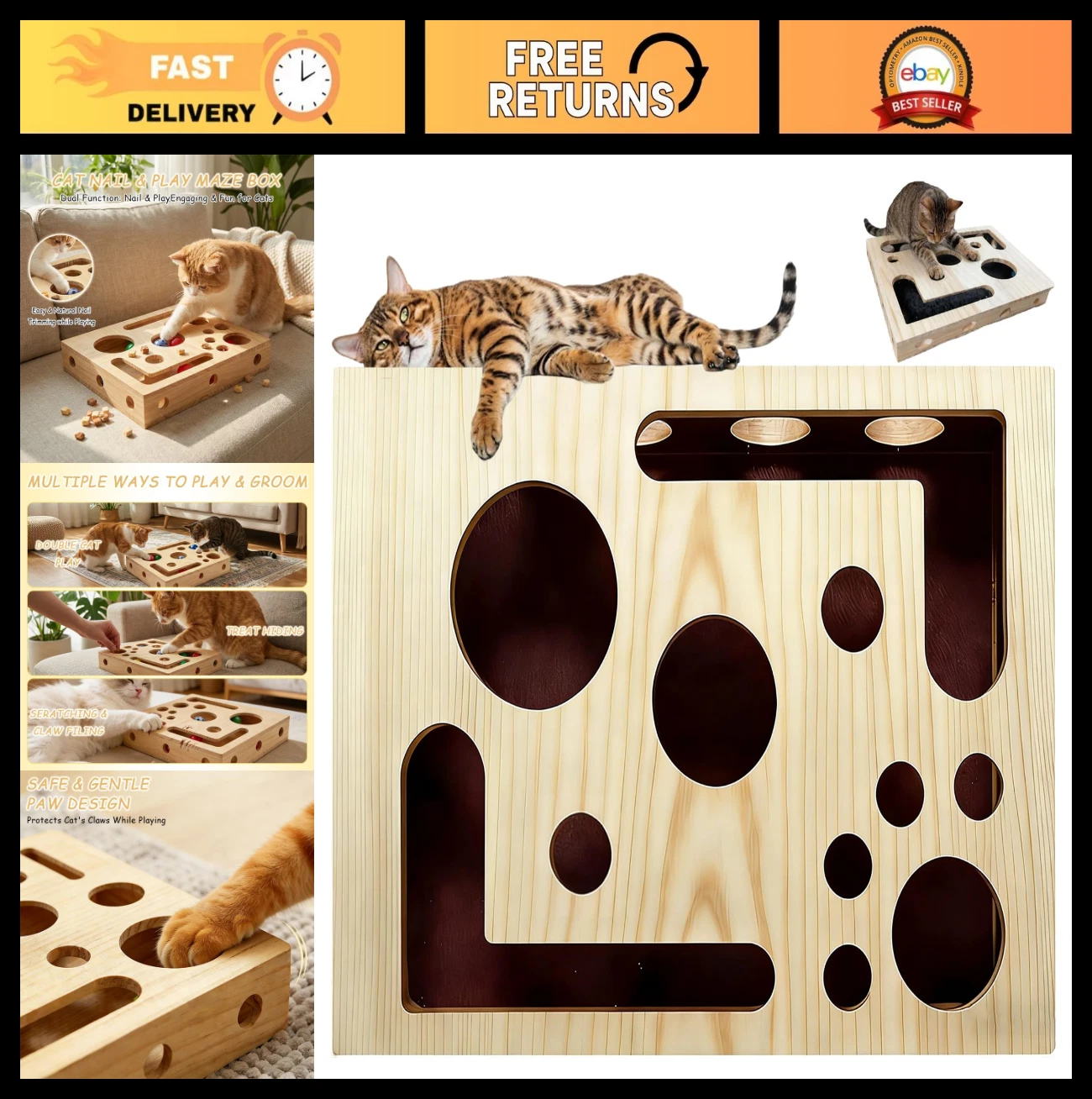 Cat Scratch Puzzle Enrichment Box - Maze Design with Sandpaper for Nail Care