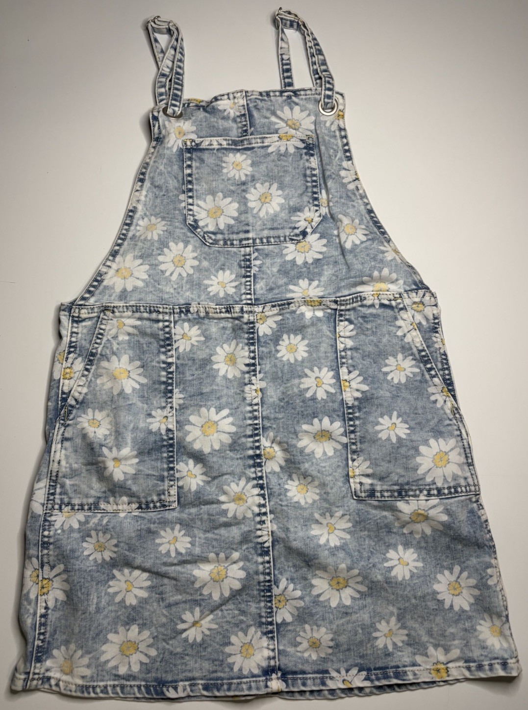 Cat & Jack Girls Overall Dress Floral Daisy Blue White Yellow Short L (10/12)